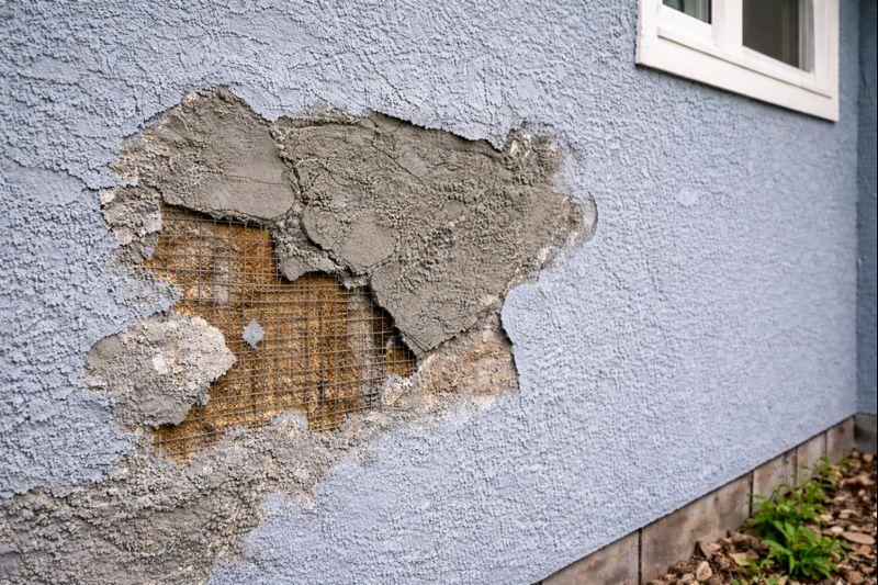 Damaged stucco exterior with exposed lath on a home in Athens GA