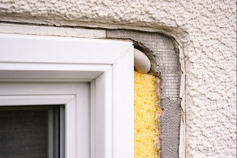 EIFS stucco caulking failure exposing foam insulation and mesh