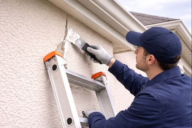 Contractor repairing localized stucco damage near roofline