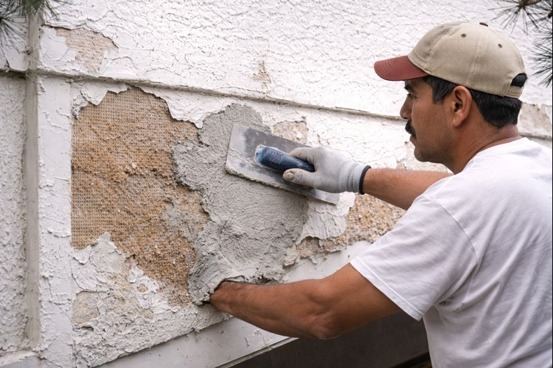 Contractor repairing water damaged stucco exterior in Athens GA
