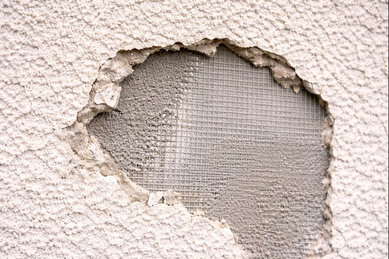 Damaged stucco wall with exposed mesh indicating need for patch repair
