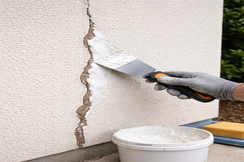 Contractor repairing a vertical crack in exterior stucco wall