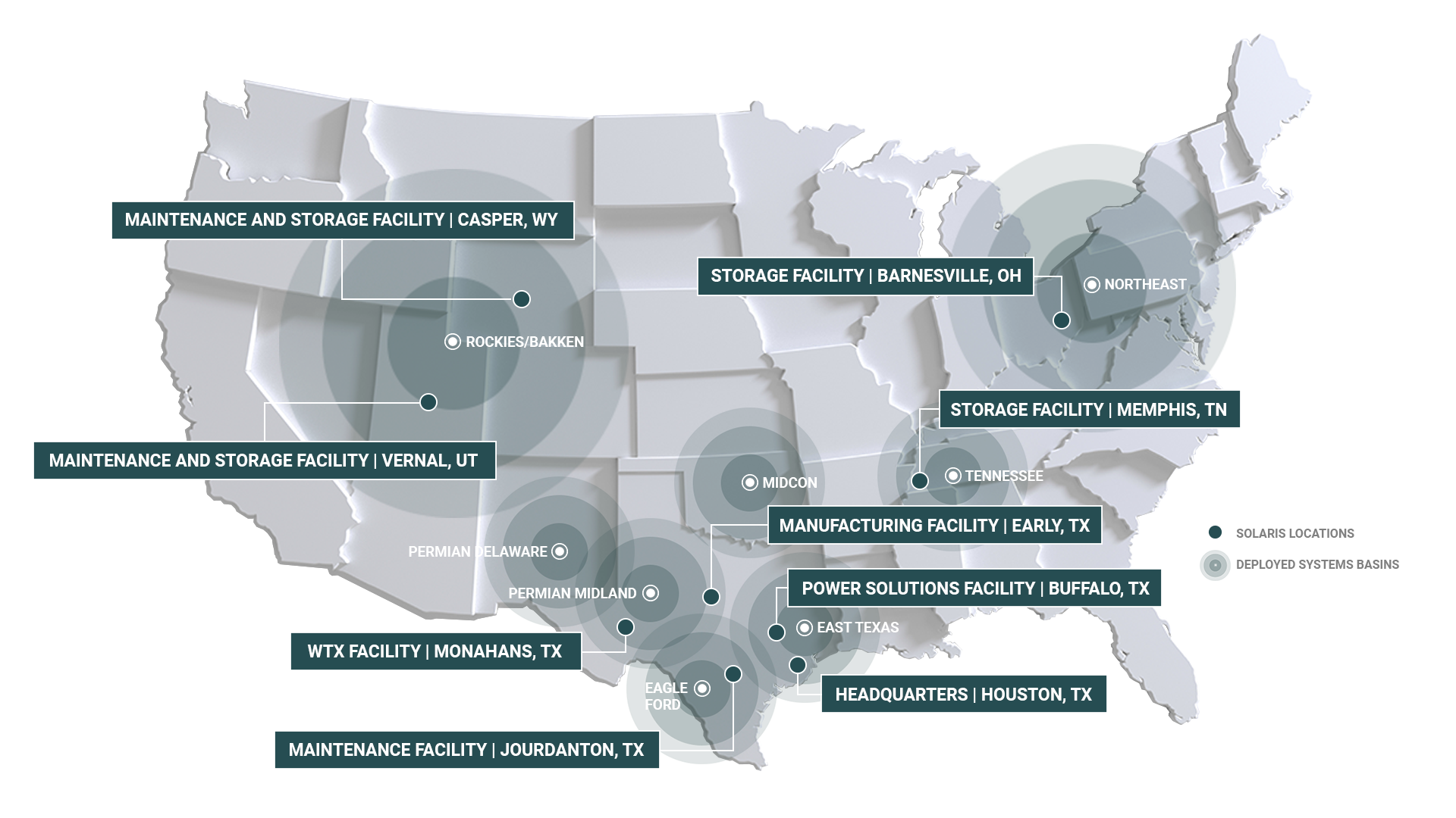 Grey map of the United States showing where Solaris works and has customers