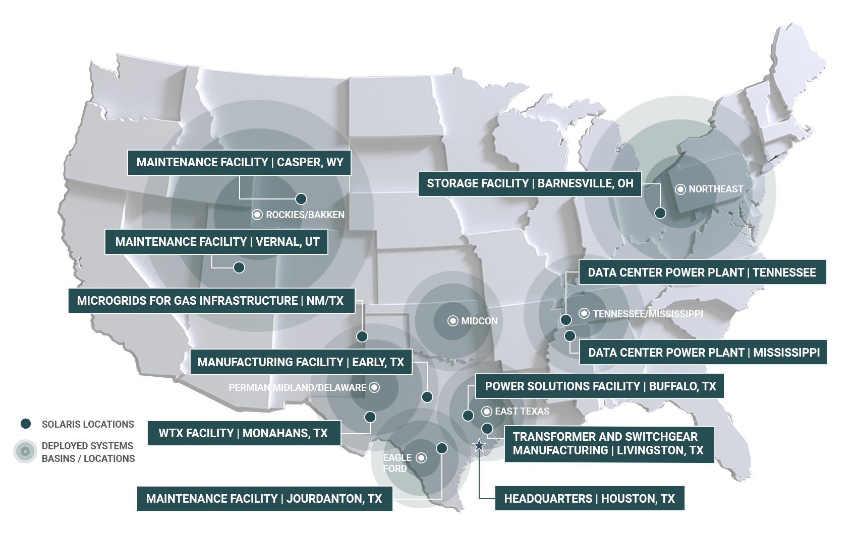 Grey map of the United States showing where Solaris works and has customers
