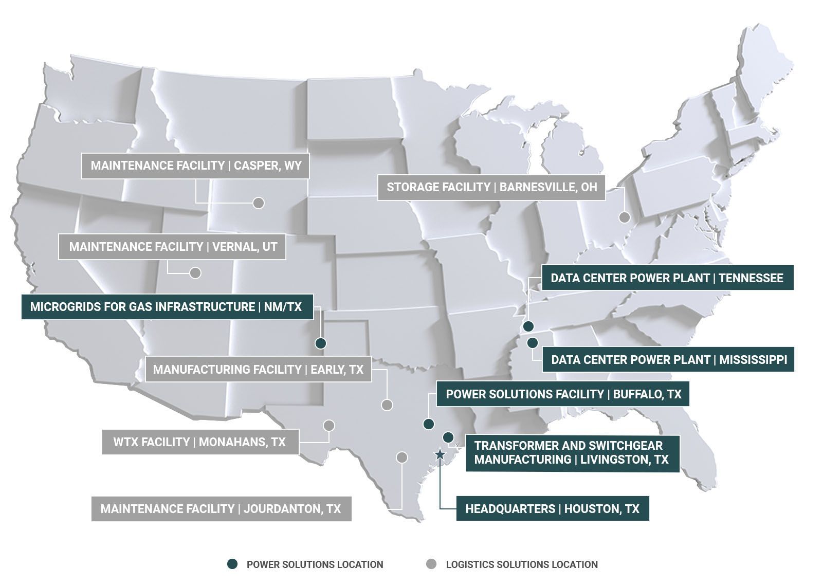 Grey map of the United States showing where Solaris works and has customers