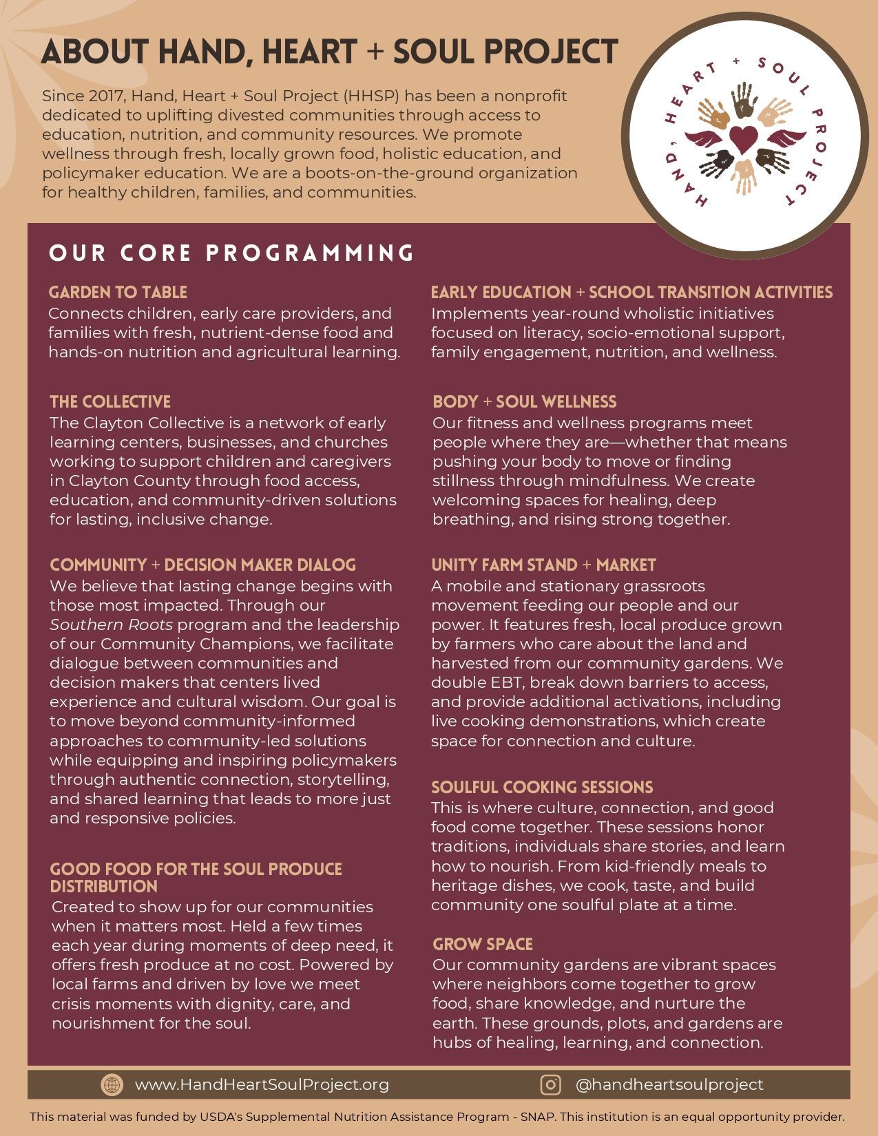 A flyer for the about hand , heart and soul project