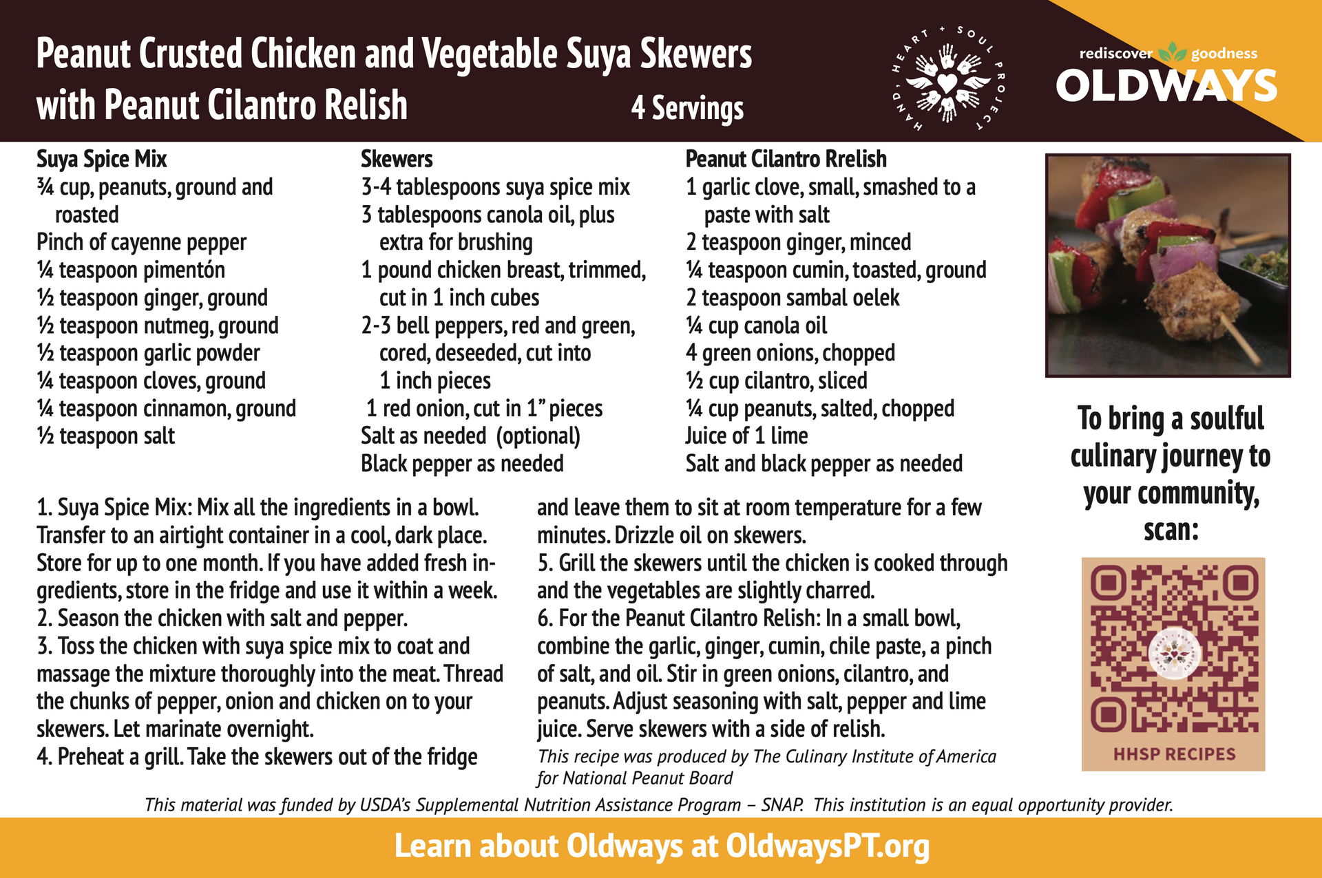 A recipe for peanut crusted chicken and vegetable suya skewers with peanut cilantro relish