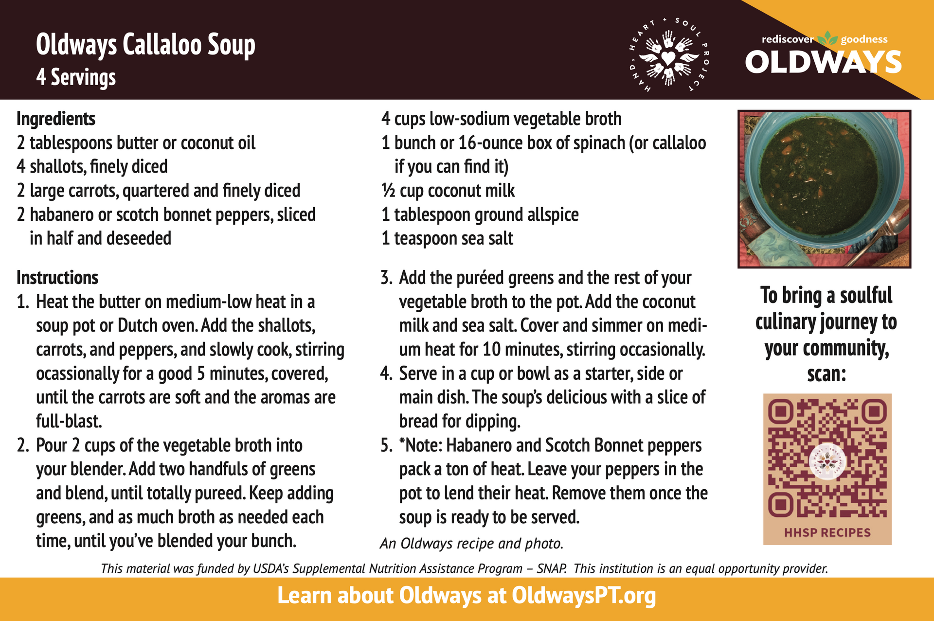 A recipe for oldways callaloo soup with ingredients and a picture