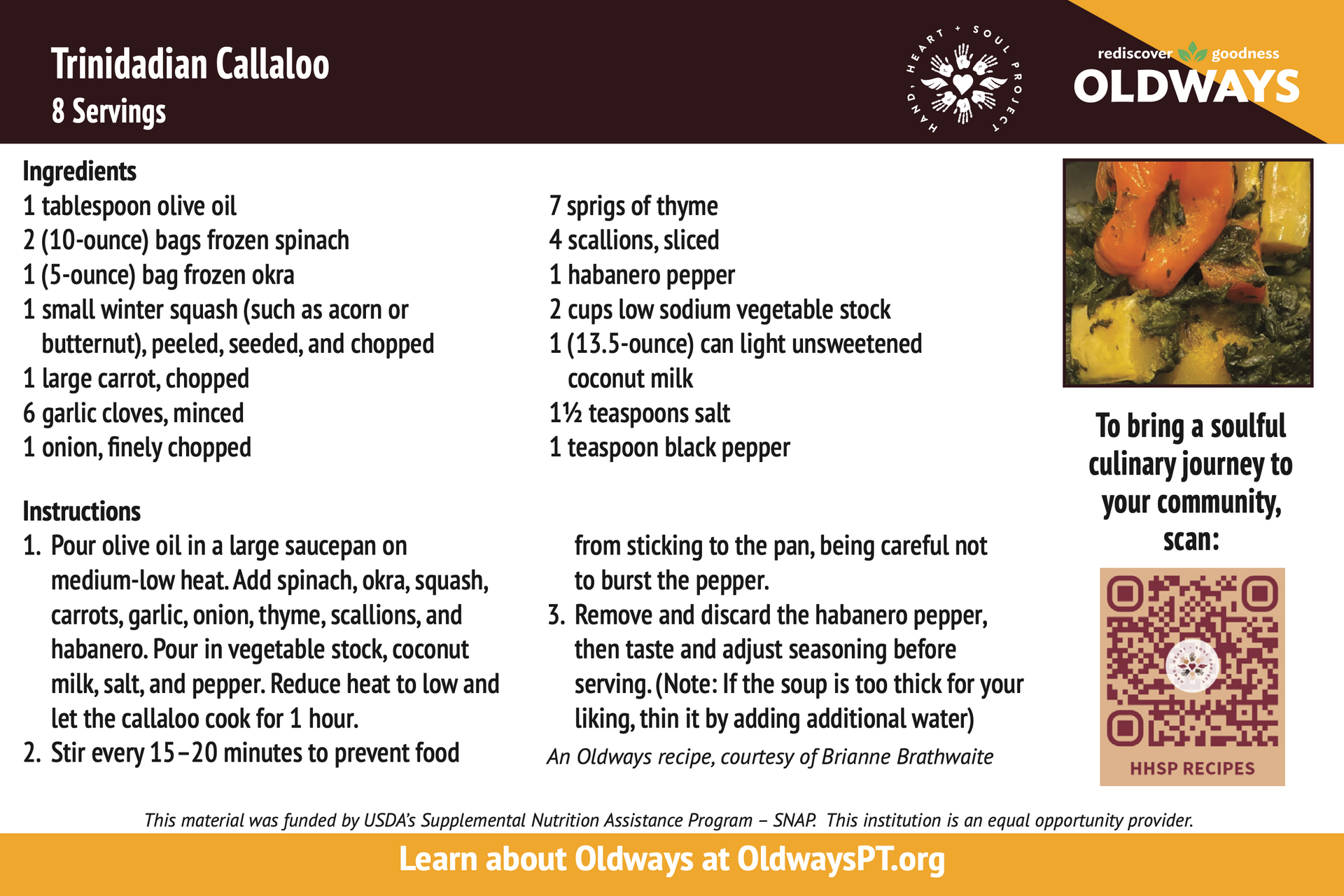An advertisement for oldways trinidad callaloo is shown