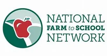 A logo for the national farm to school network with an apple in the middle.