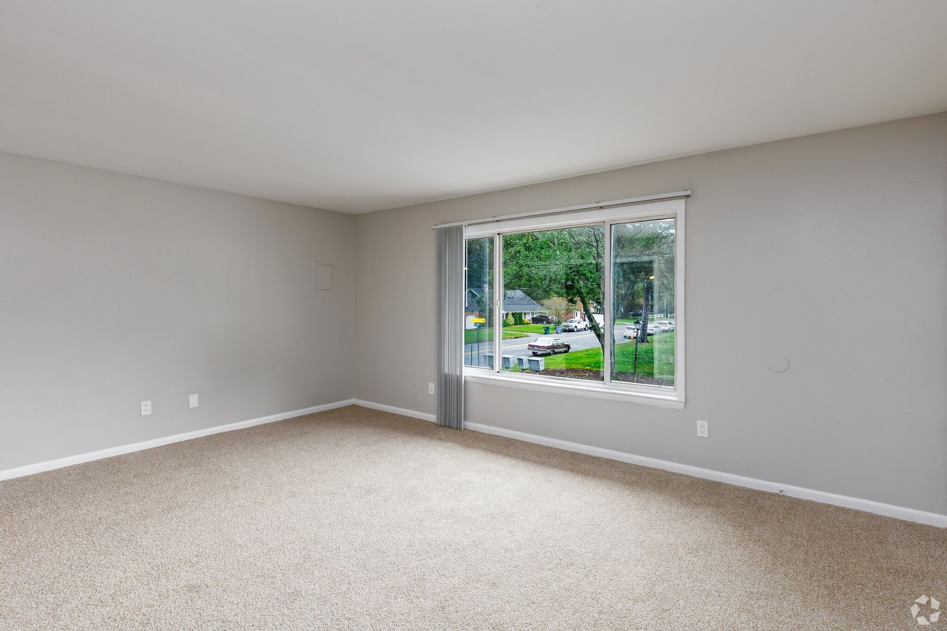 Empty living room with gray walls, beige carpet, and a large window overlooking a residential street. Contact our leasing team at Harborstone Apartments today to schedule a tour of our studio, one-, and two-bedroom apartments in Newport News, VA. 