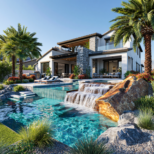 Luxury villa with cascading pool waterfall, palm trees, and sunny tropical landscaping