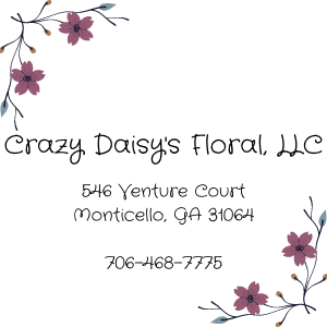 A logo for crazy daisy 's floral llc with purple flowers and branches.