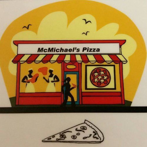A cartoon drawing of a pizza shop called mcmihael 's pizza