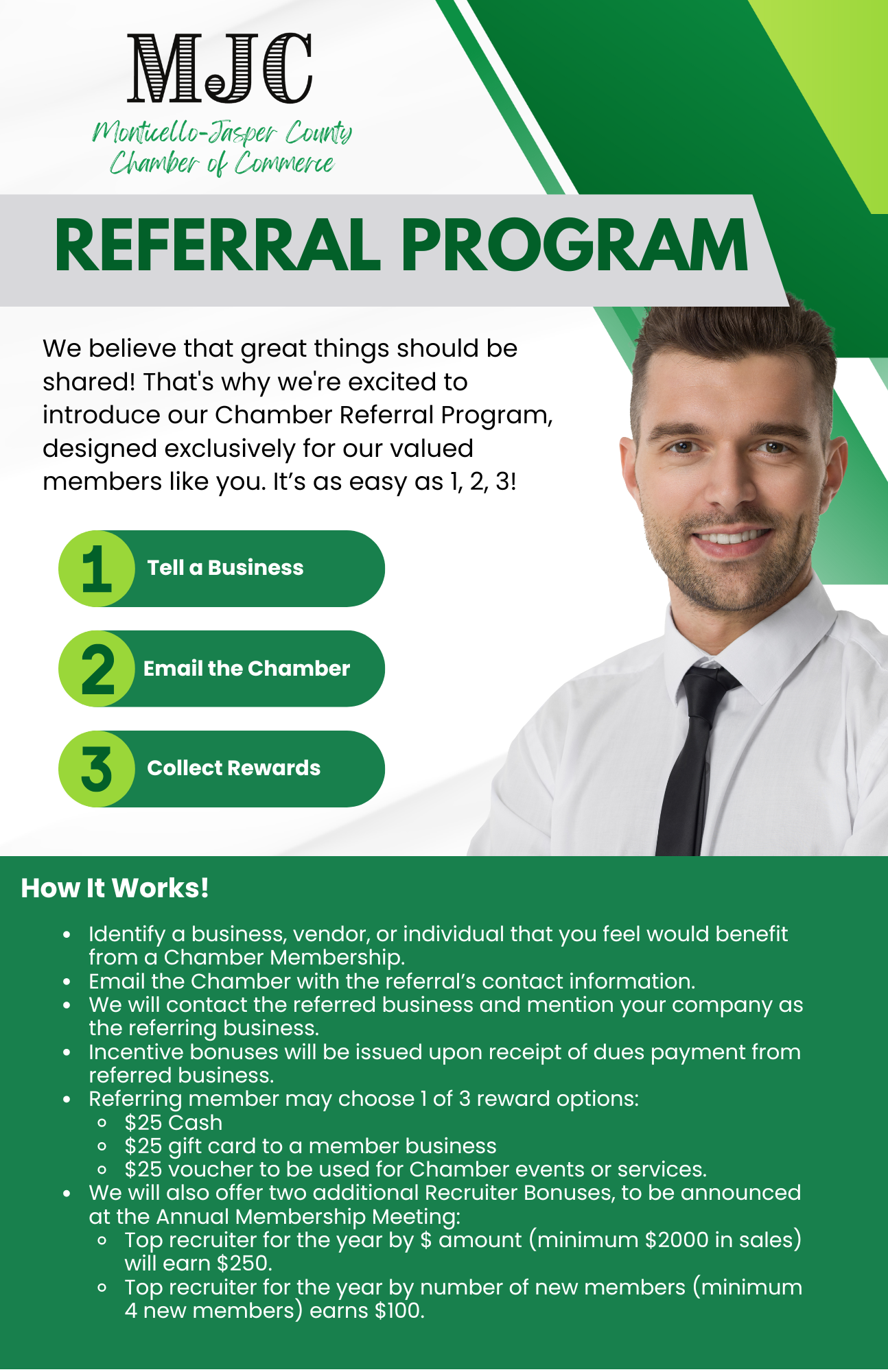 A man in a suit and tie is smiling on a referral program flyer.