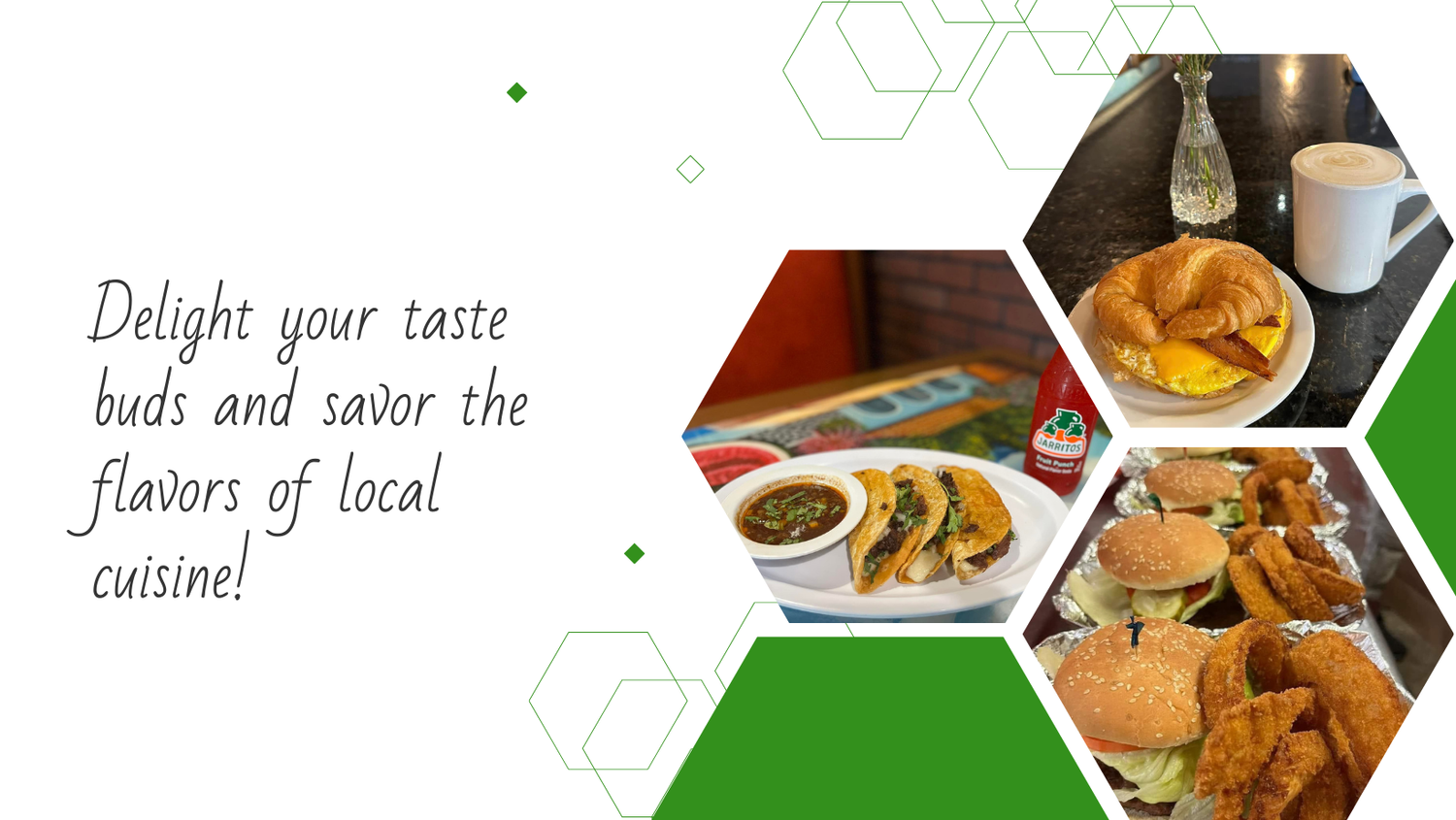 A collage of pictures of food with the words `` delight your taste buds and savor the flavors of local cuisine ''