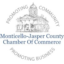 The logo for the monticello-jasper county chamber of commerce is a black and white drawing of a building.