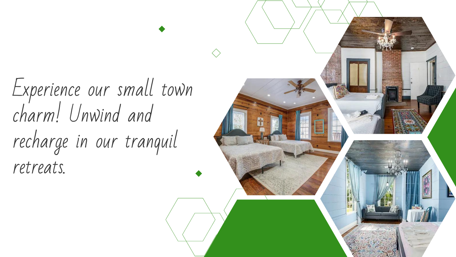 A collage of pictures of a house with the words `` experience our small town charm ! unwind and recharge in our tranquil retreats ''