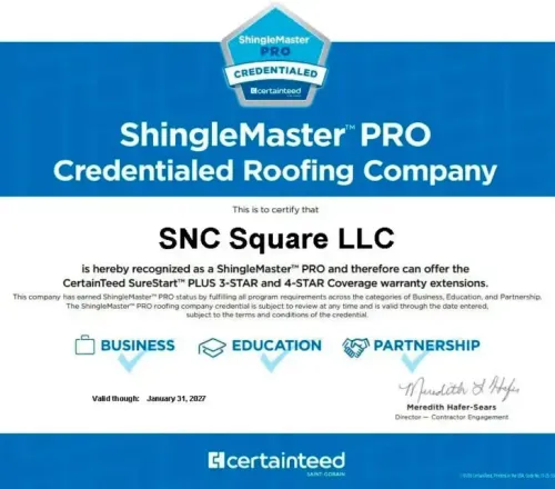ShingleMaster PRO credentialed roofing company certificate for SNC Square LLC, blue and white design
