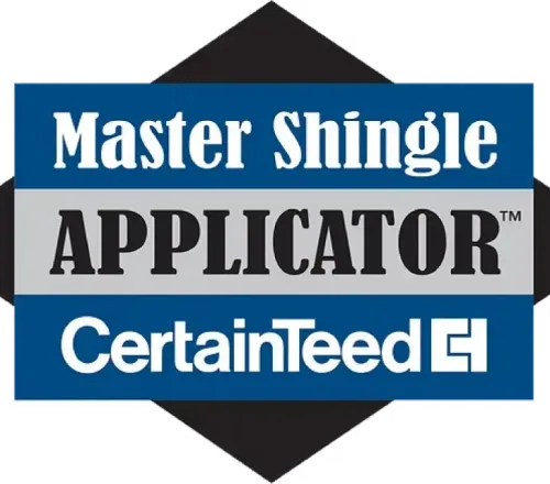 Master Shingle Applicator Certaintyed logo in blue, gray, and black diamond design