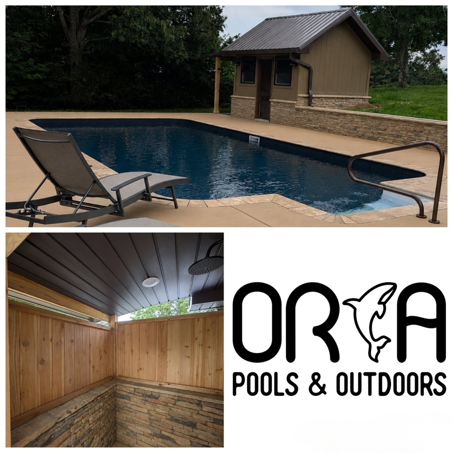 Pool and spa company collage: backyard pool, wood-paneled interior, and “Pools & Outdoors” logo.