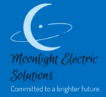 Logo of Moonlight Electric Solutions, a crescent moon with a star and orbiting rings, on a blue background.