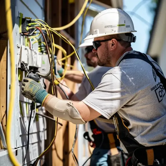 Electricians working on wiring outside, wearing hard hats and safety gear.