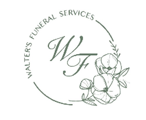 White logo for Writers Funeral Services, featuring script text and floral design within a circular outline.