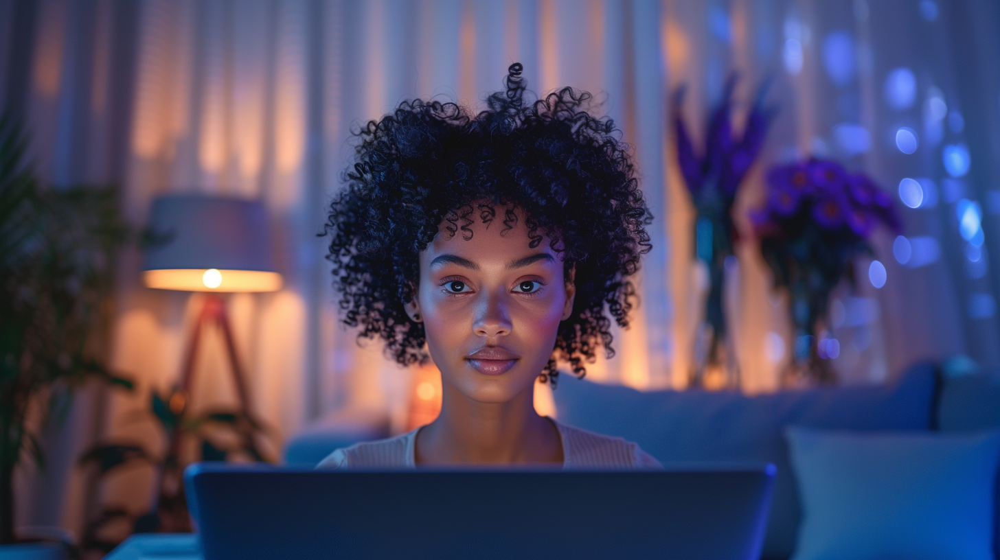 A woman looking at the camera with her laptop open