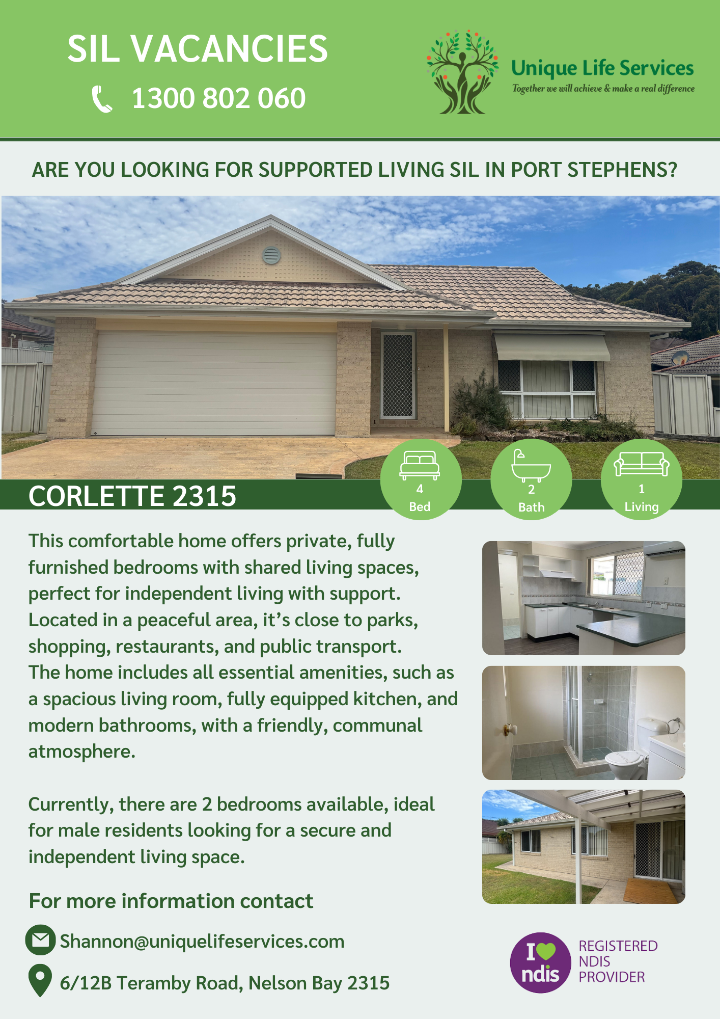 Flyer for SIL vacancies in Port Stephens, showcasing a house with available bedrooms, contact details included.