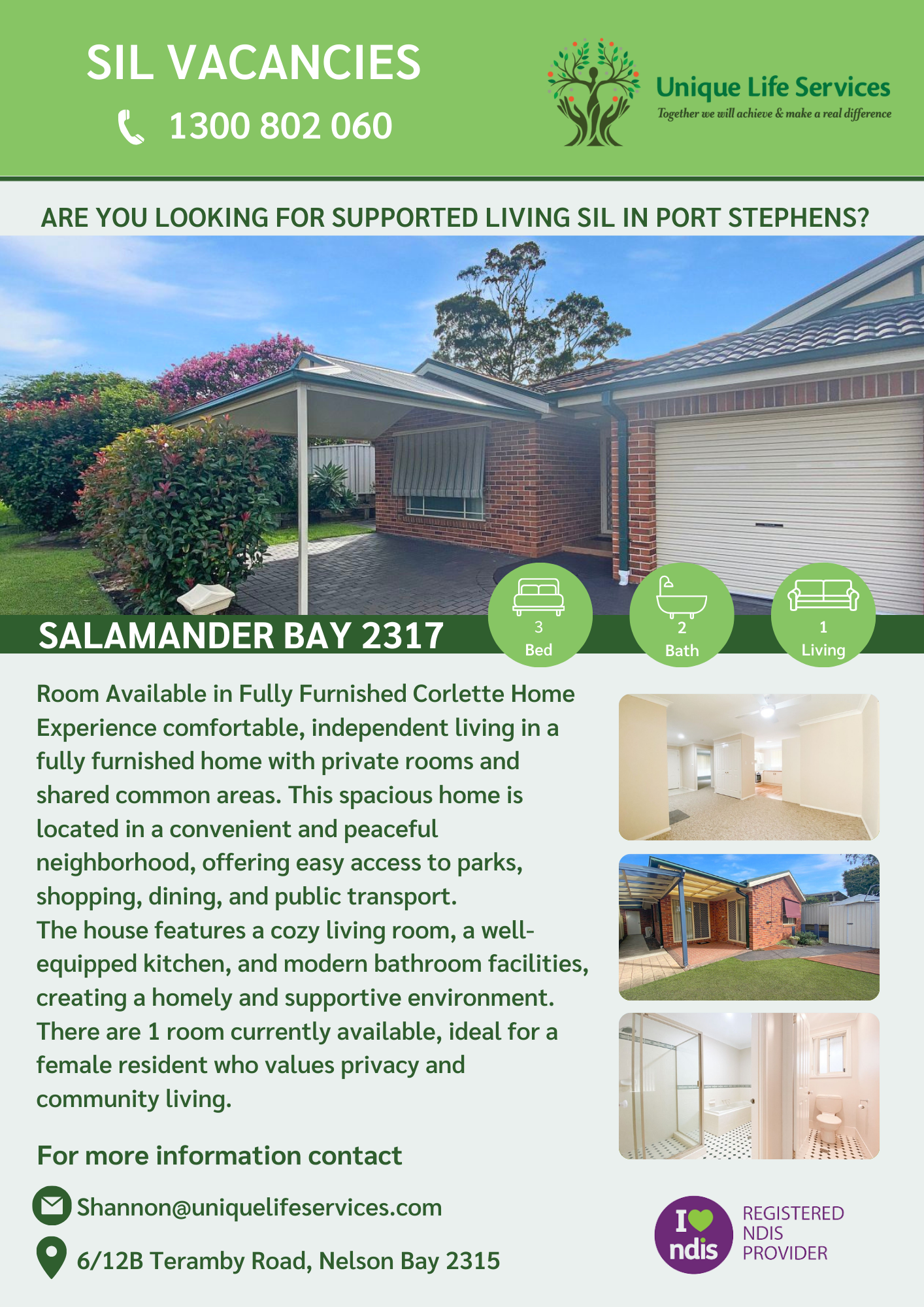 Flyer advertising SIL vacancies in Salamander Bay, NSW. Shows house exterior and interior photos.