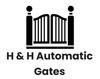 Black and white logo: double gate flanked by pillars, "H & H Automatic Gates" text below.