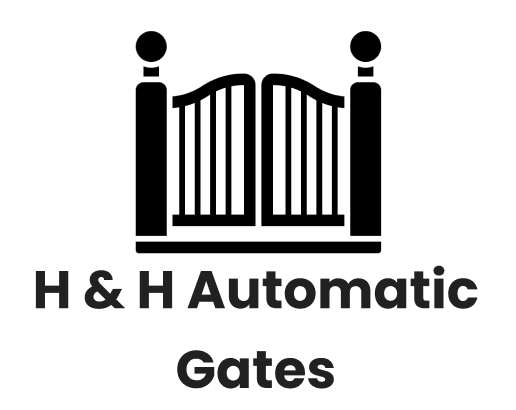 Black and white logo: double gate flanked by pillars, "H & H Automatic Gates" text below.