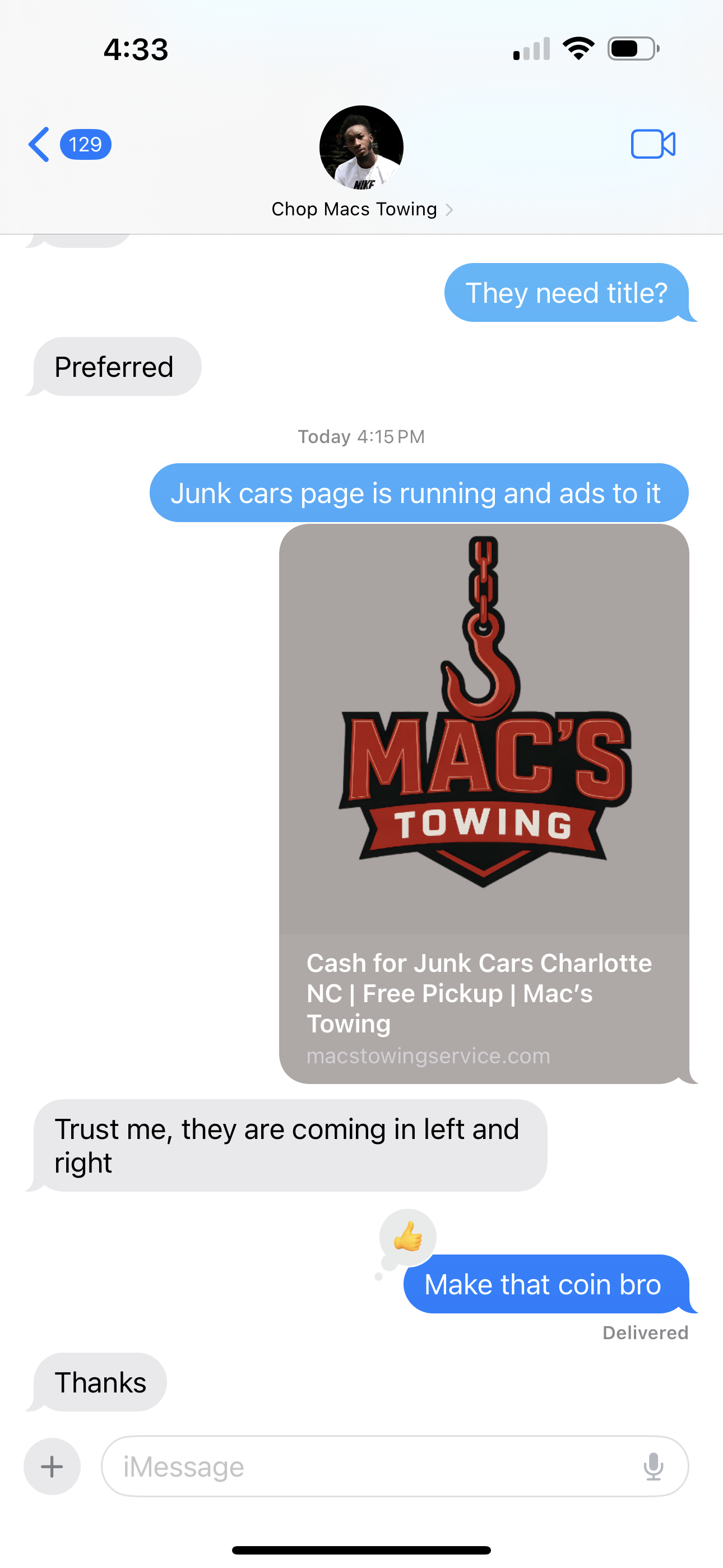 Client text saying calls started coming in quickly for junk car leads