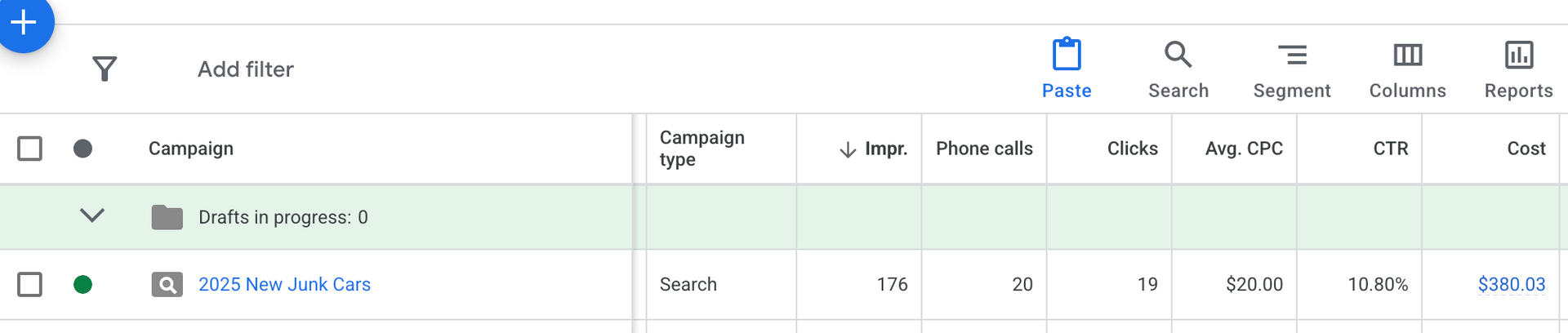 Junk Car Leads Results - Atlanta - 19 Clicks 20 Calls