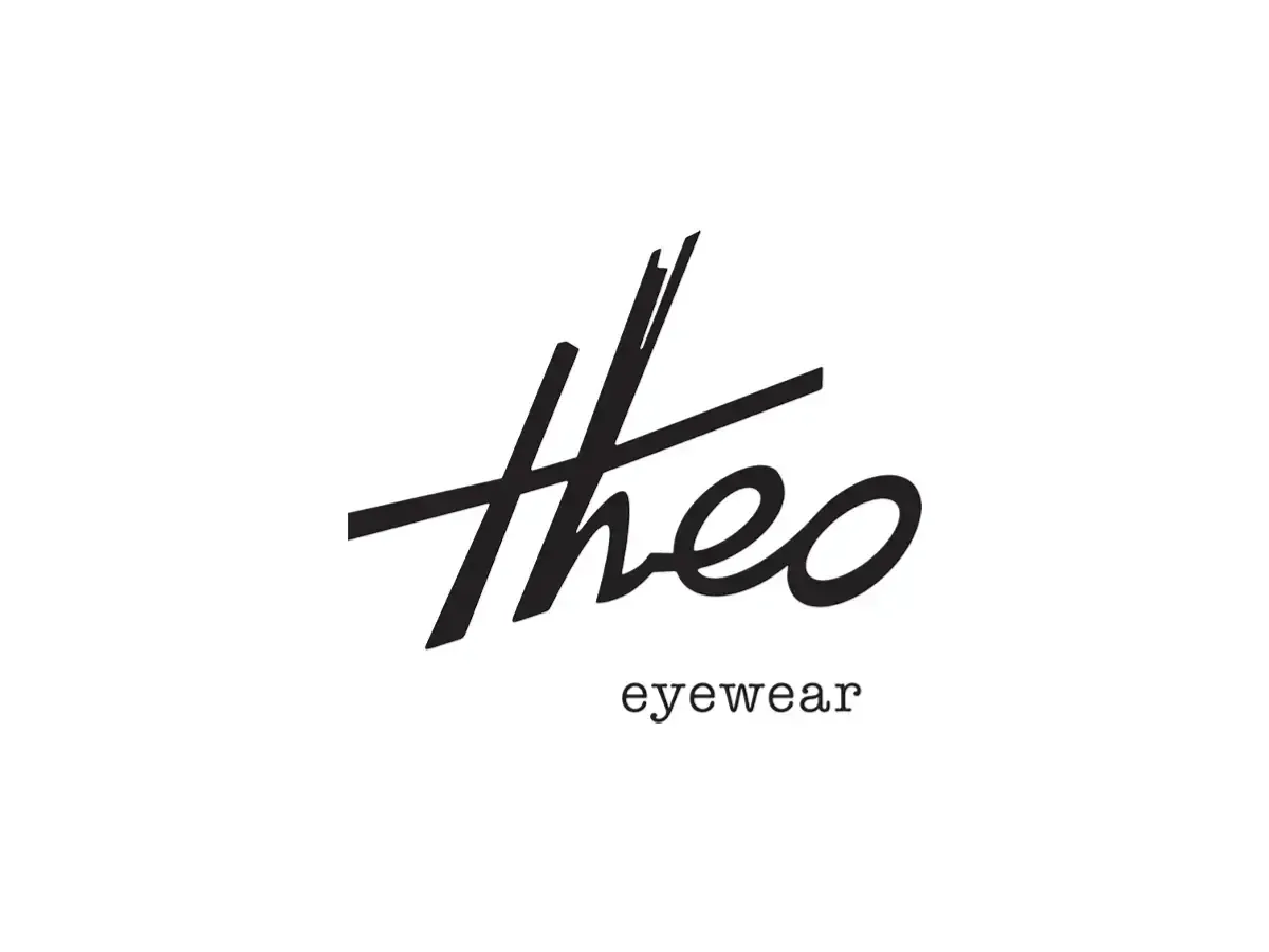 Un logo in bianco e nero per gli occhiali Theo su sfondo bianco.