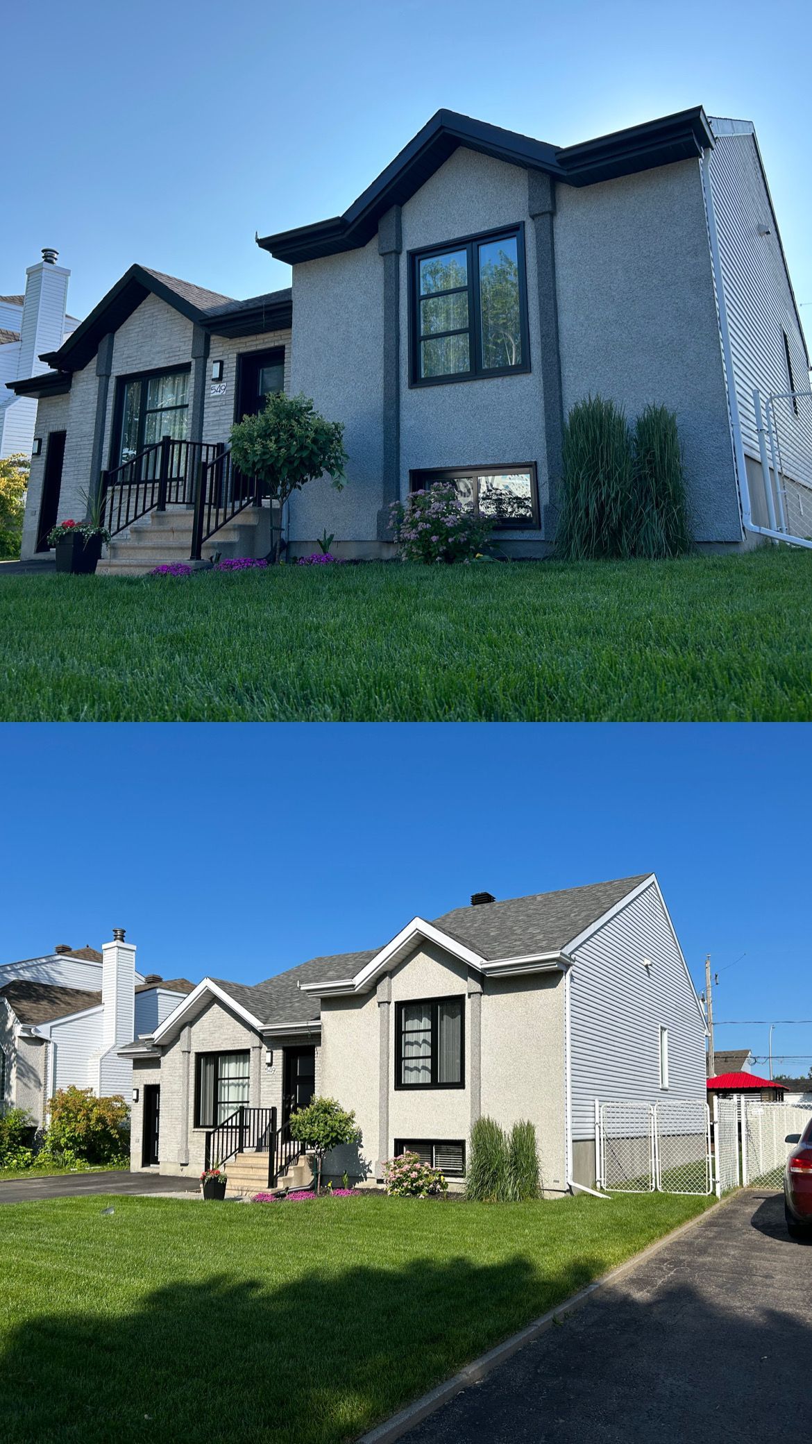 Une photo avant et après d'une maison avec un imprimé zèbre sur le côté.