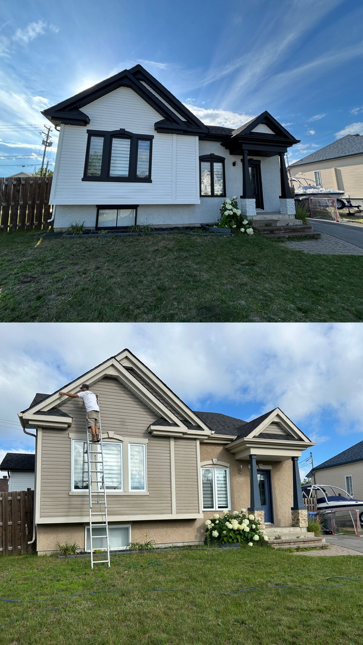 Une photo avant et après d'une maison en cours de peinture.