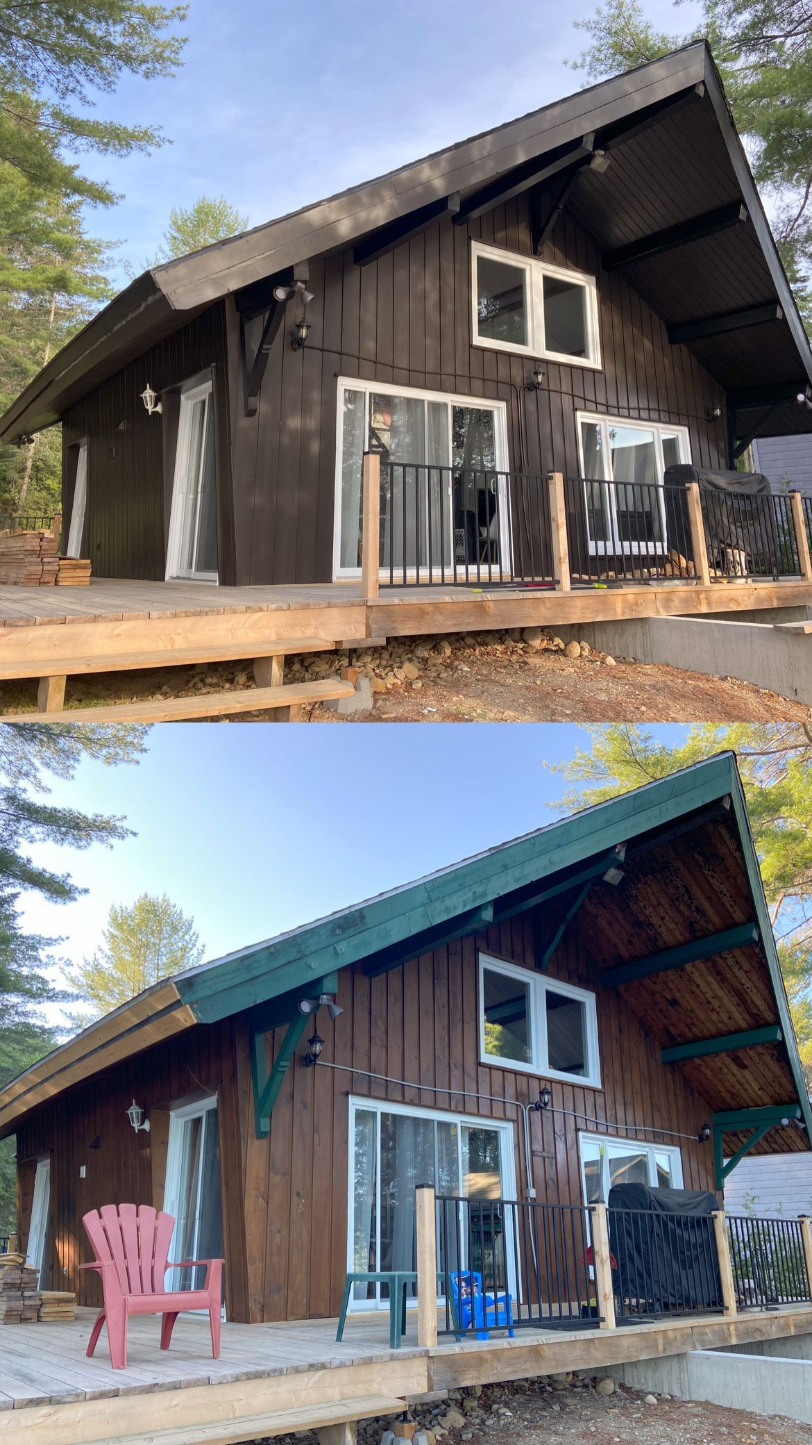 Une photo avant et après d'une maison avec une terrasse.
