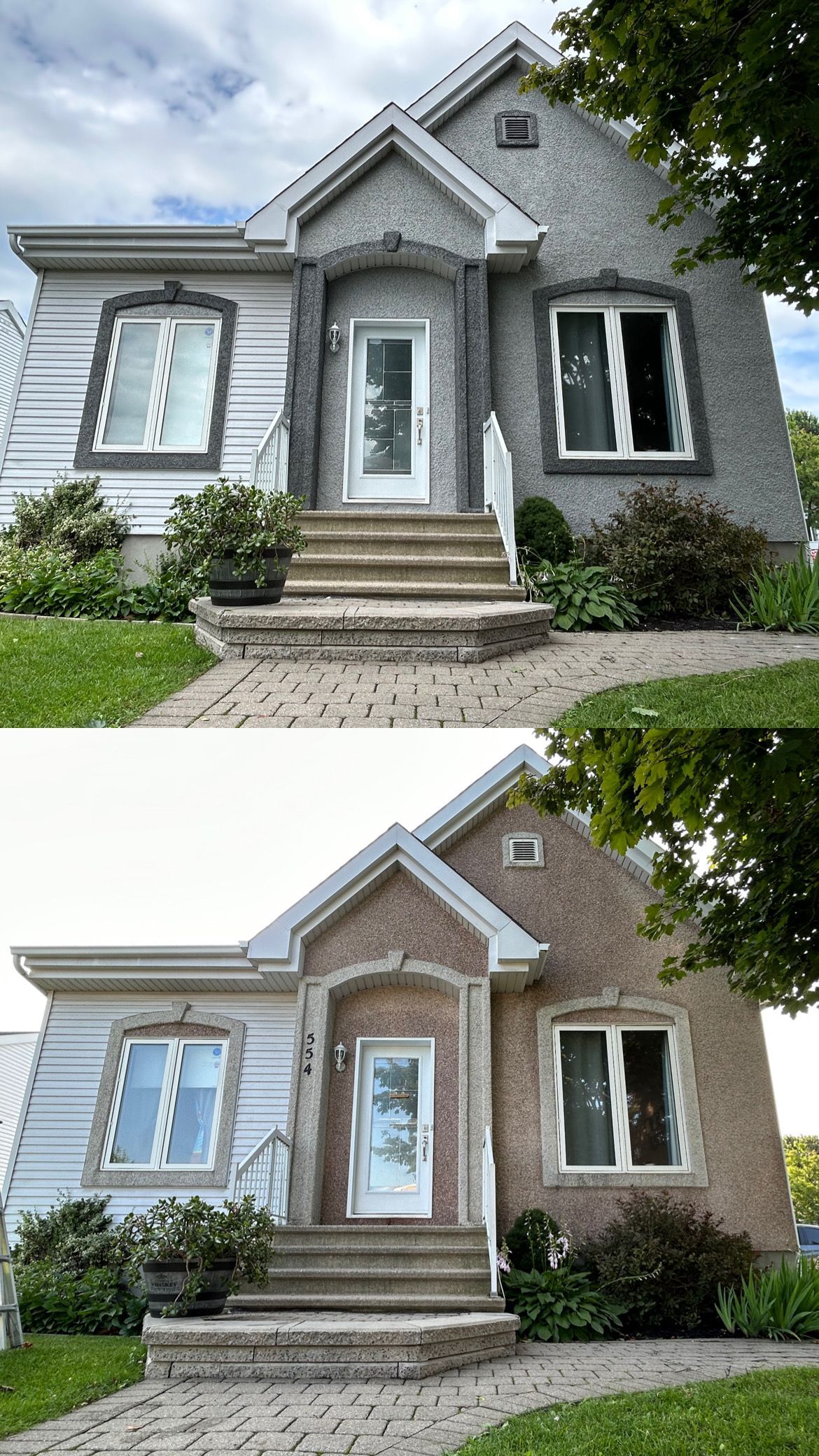 Deux photos d'une maison avant et après avoir été peinte.