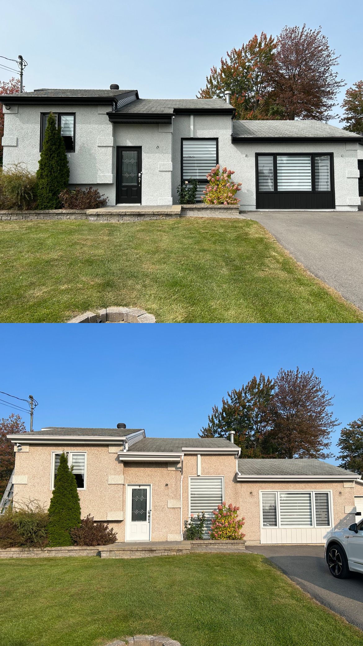Une photo avant et après d'une maison avec une voiture garée devant.