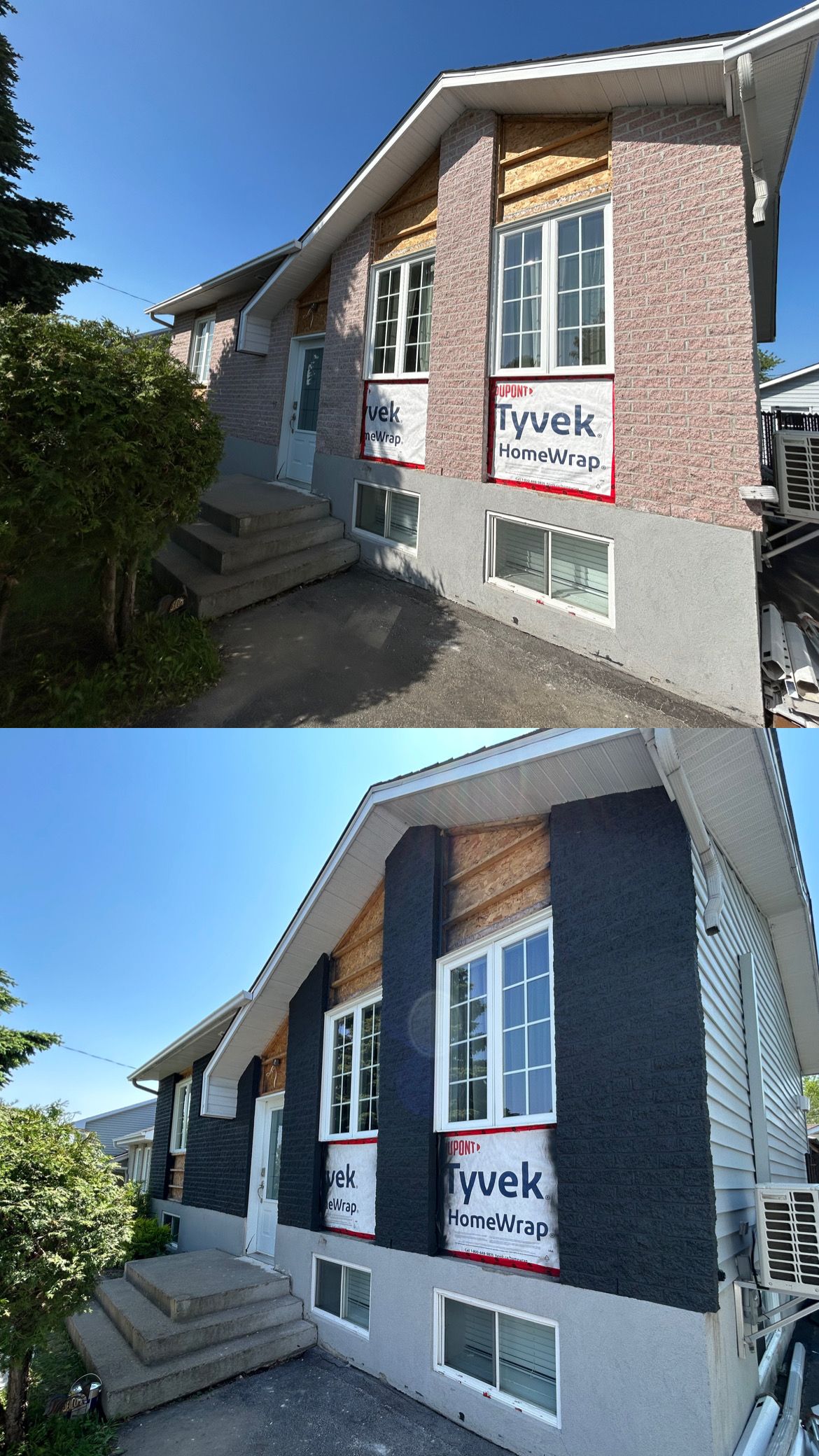 Une photo avant et après d'une maison en cours de rénovation.