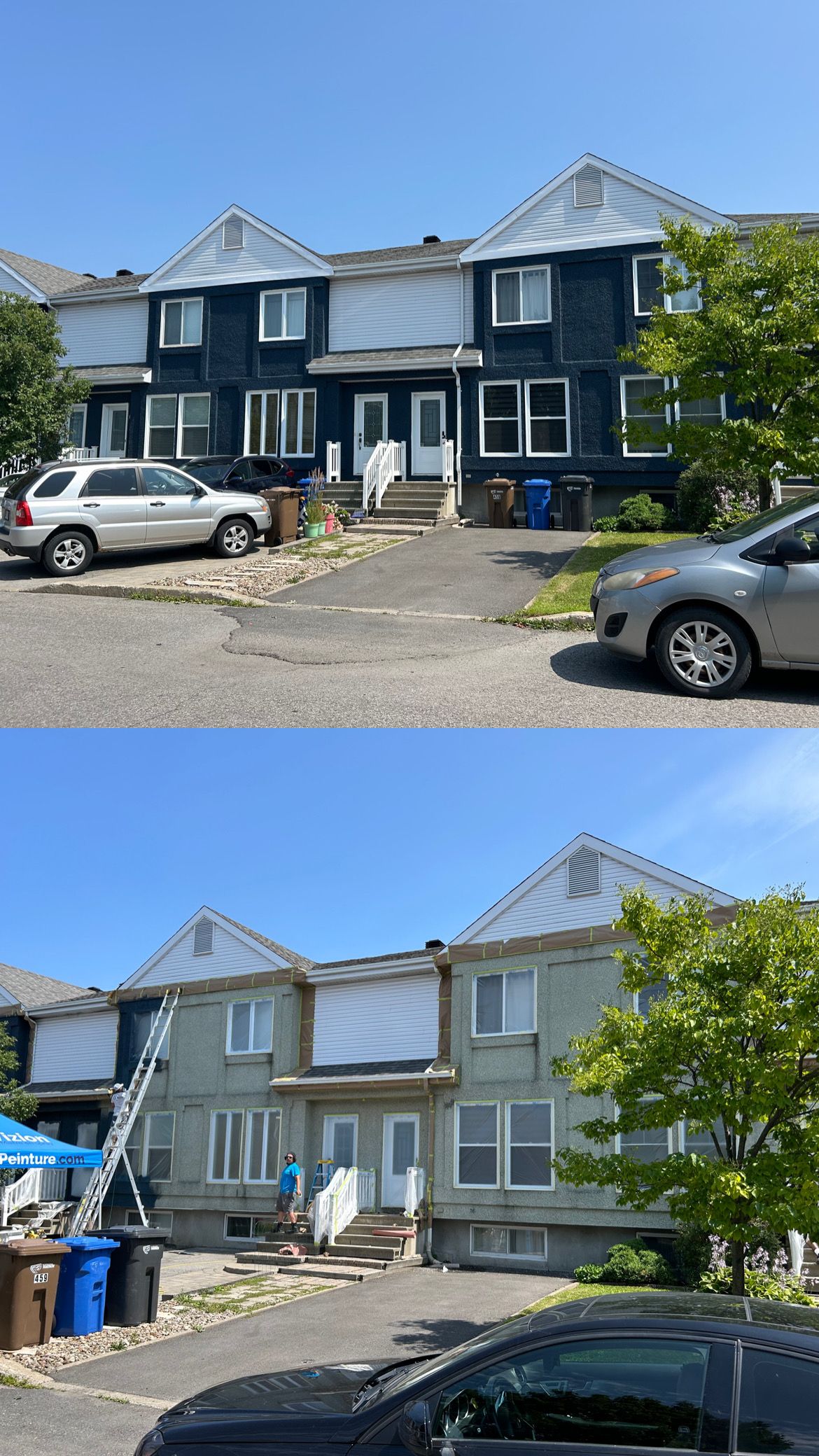 Une photo avant et après d'une maison en cours de peinture.