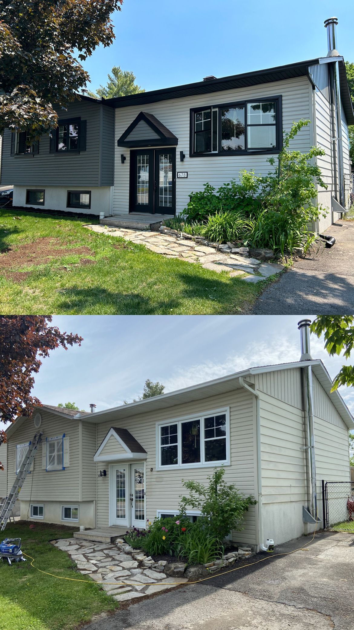 Une photo avant et après d'une maison qui a été peinte en blanc.