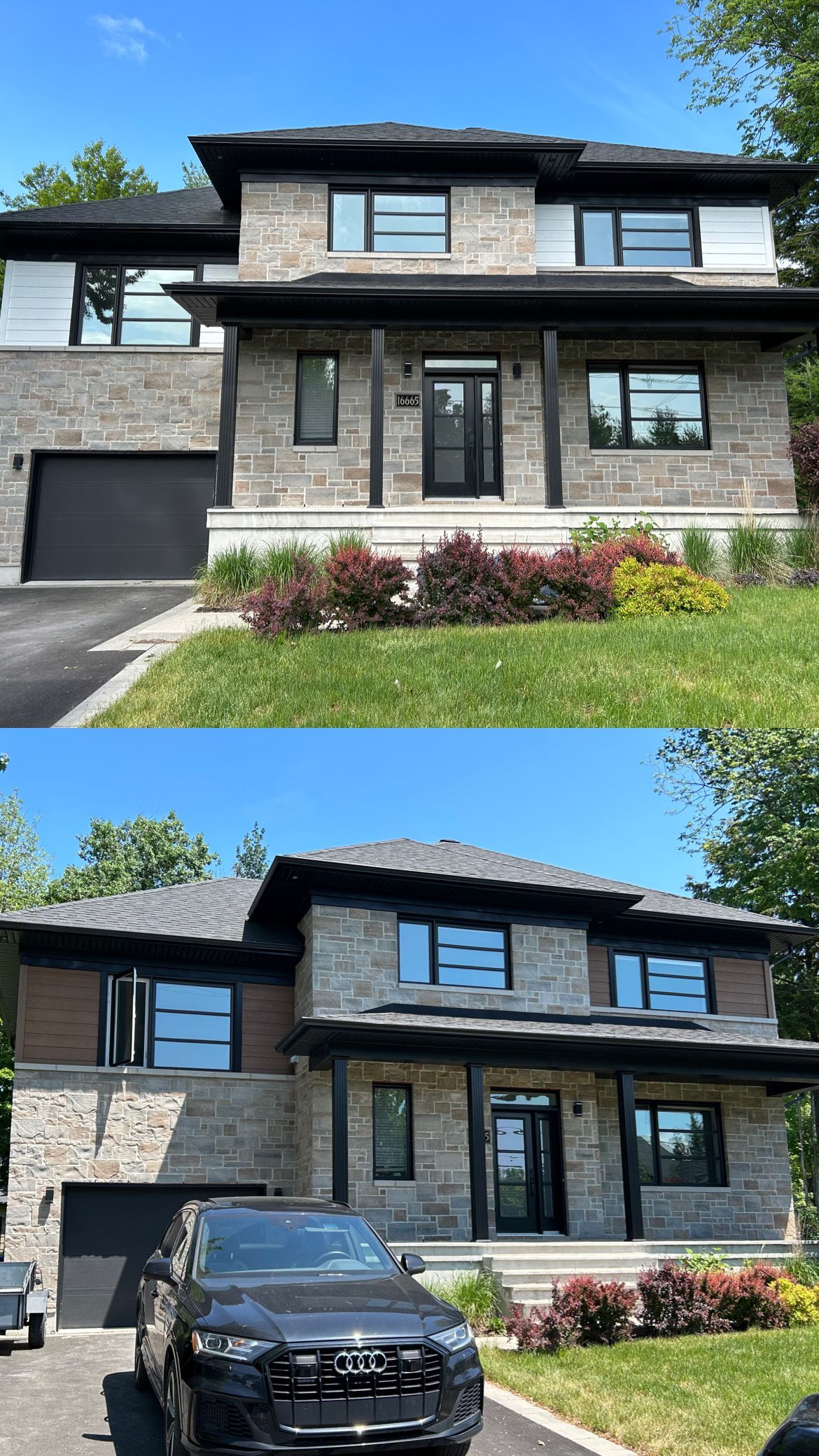 Une photo avant et après d'une maison avec une voiture garée devant.