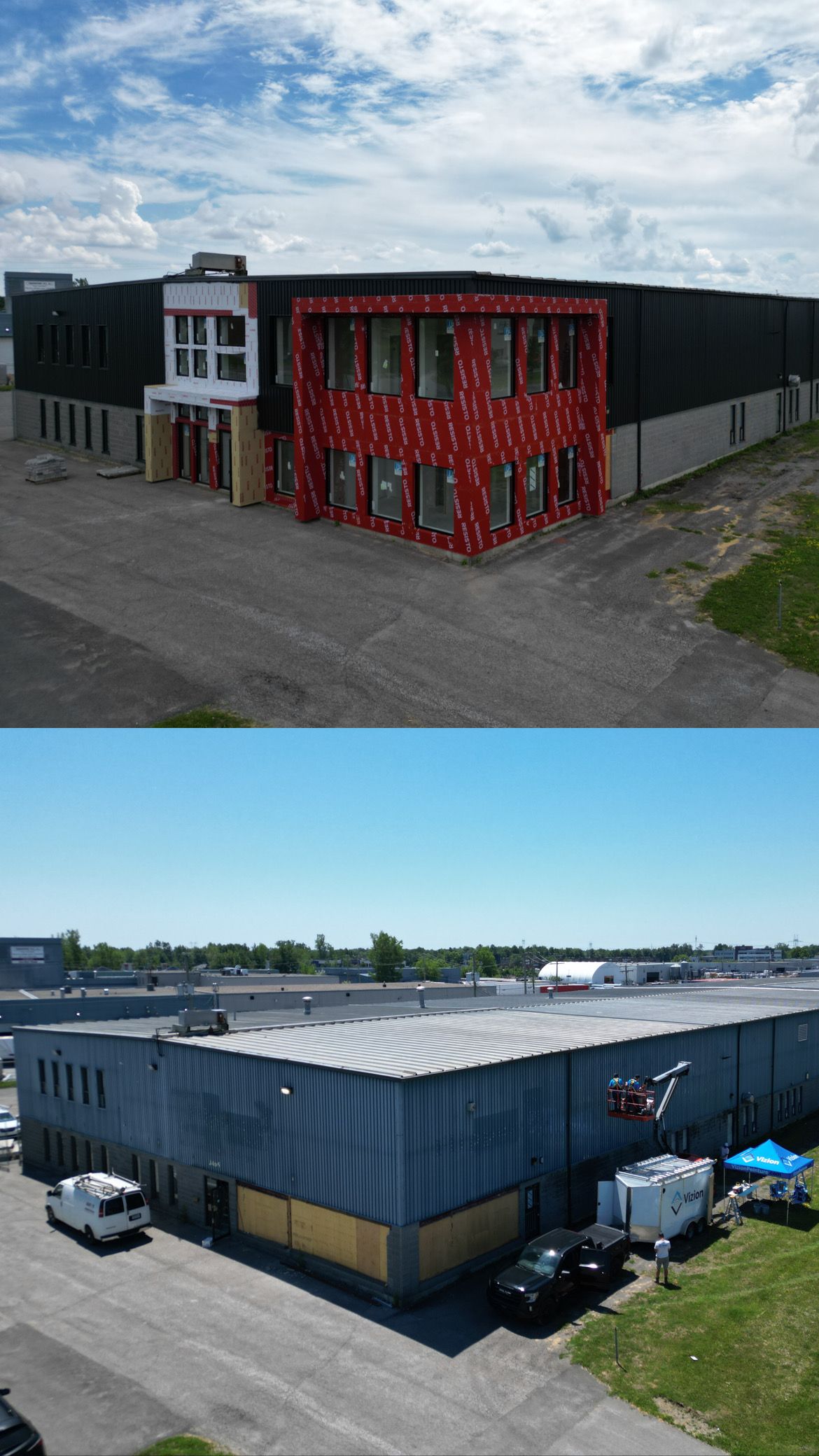 Une photo avant et après d'un grand bâtiment