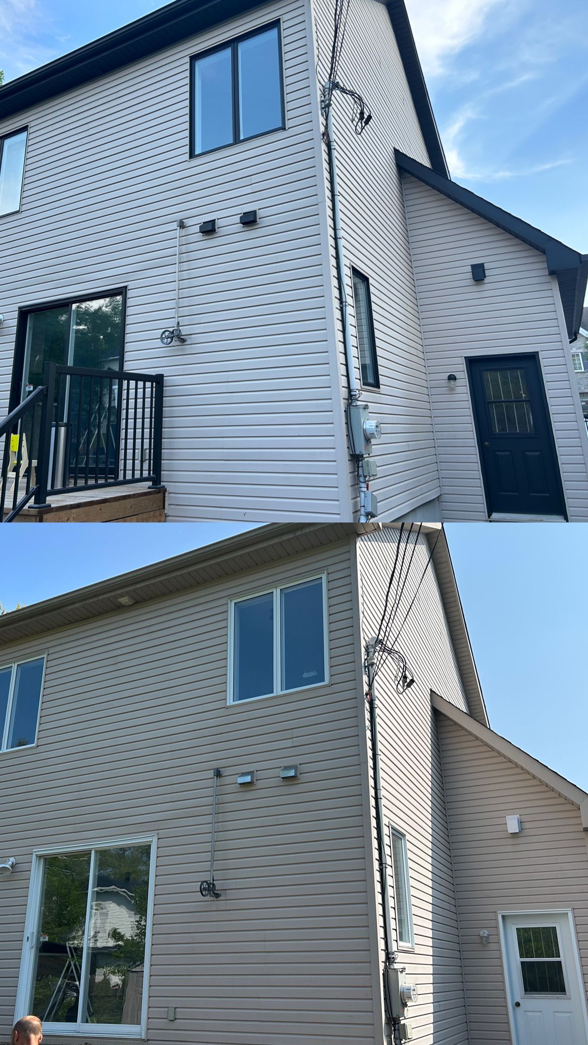 Une photo avant et après d'une maison avec une porte noire.