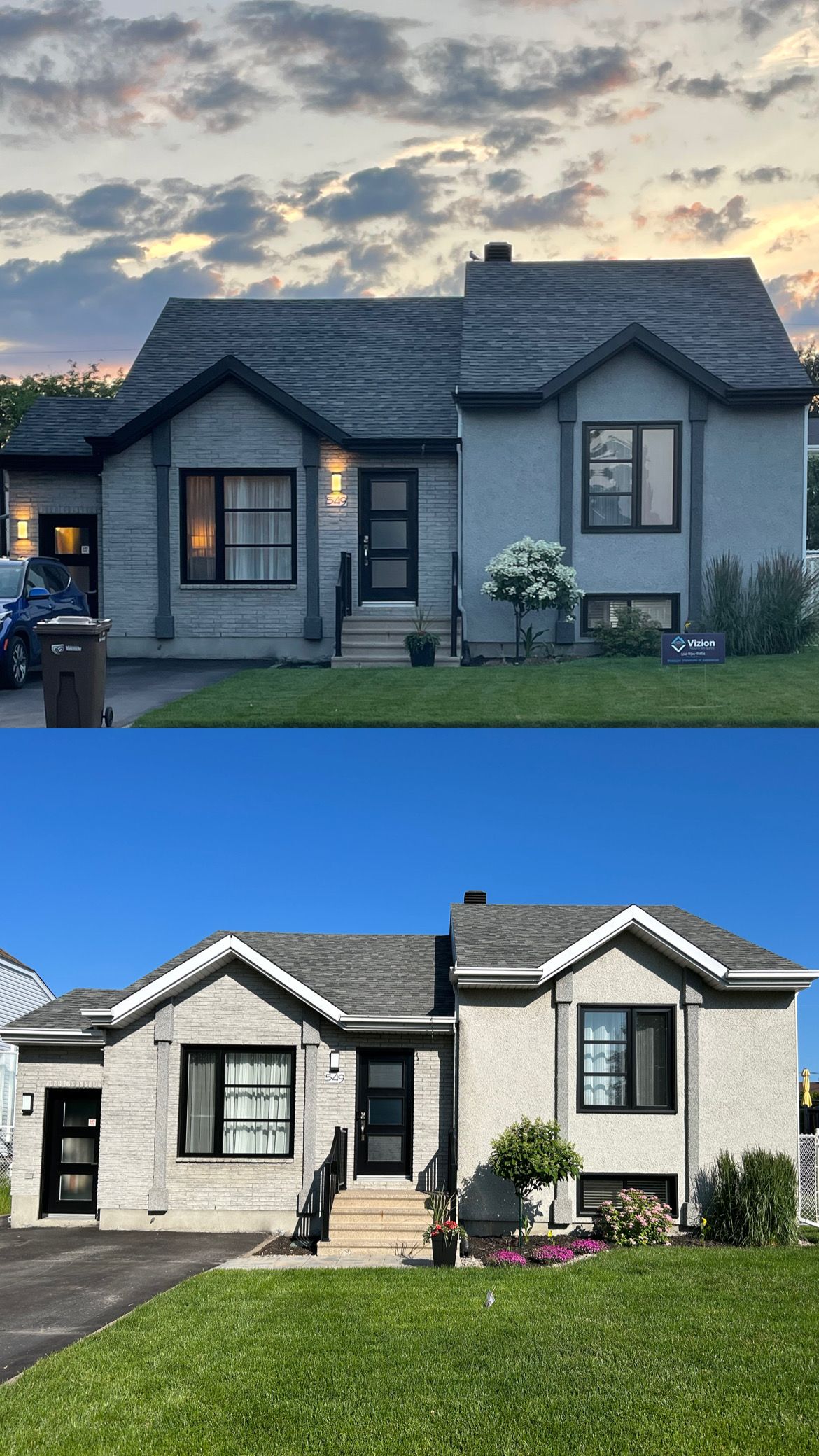 Une photo avant et après d'une maison avec un toit.