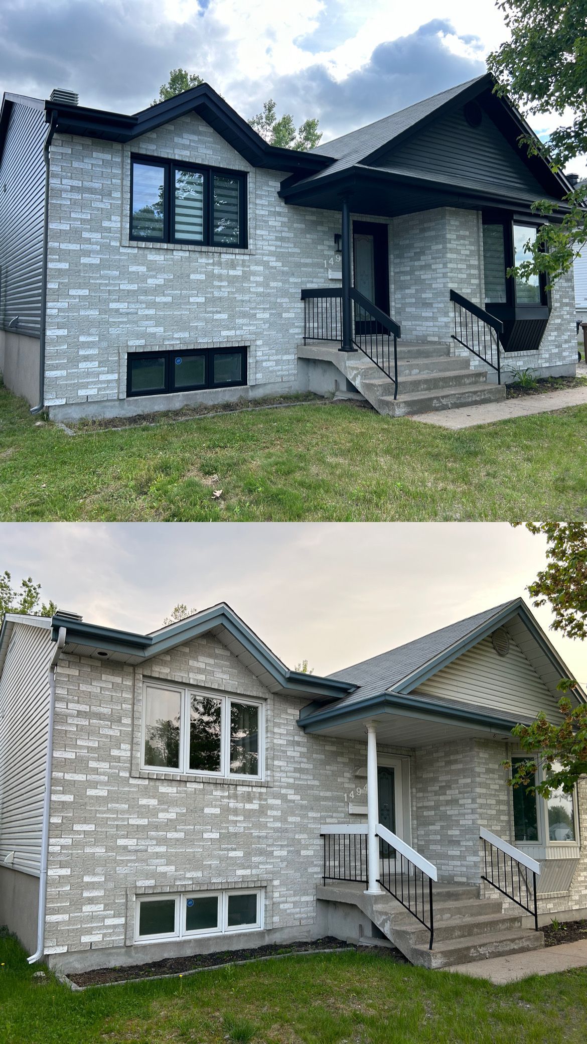 Une photo avant et après d'une maison en briques blanches avec un toit noir.