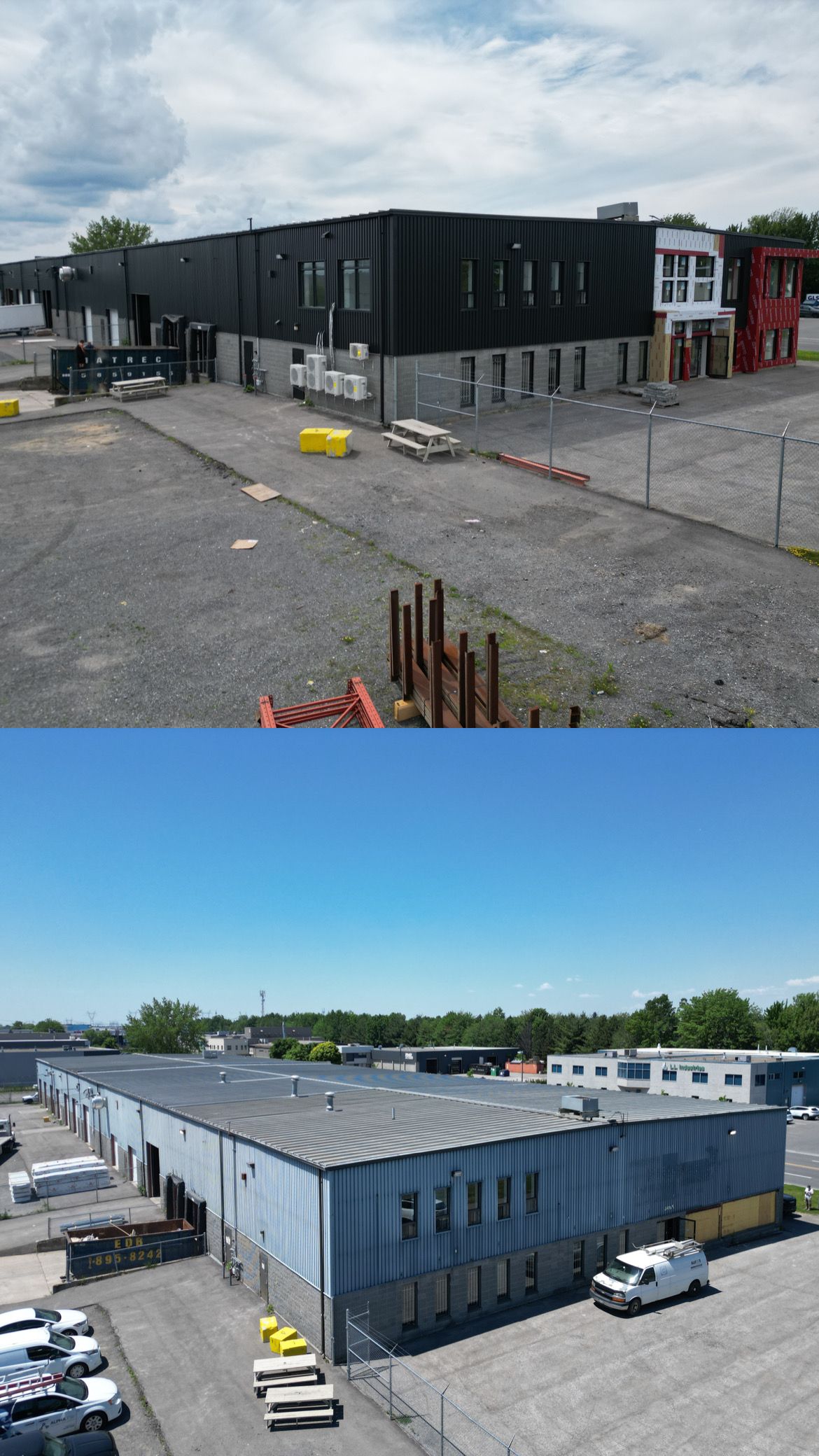 Une photo avant et après d'un grand bâtiment